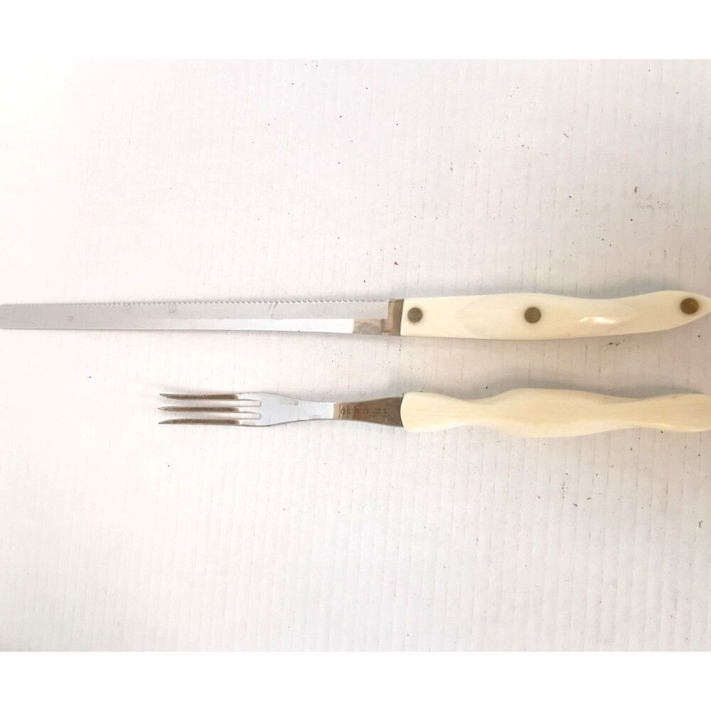 Vintage Cutco 1724 Slicer Knife 1726 Turning Fork Carving Set Pearl White Handle